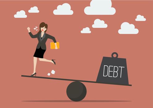 Balancing between business woman and debt. Business concept