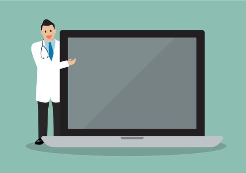 Doctor pointing to the screen of a laptop. vector illustration