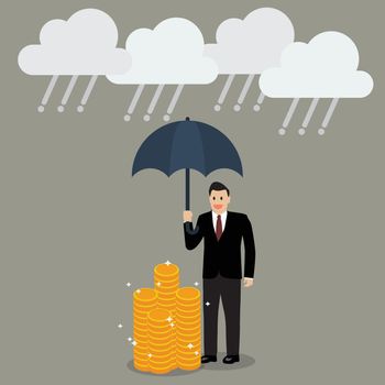 Businessman with umbrella protecting his money from financial crisis. money risk management concept