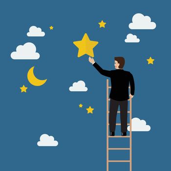 Businessman on the ladder trying to catch the star. Business concept
