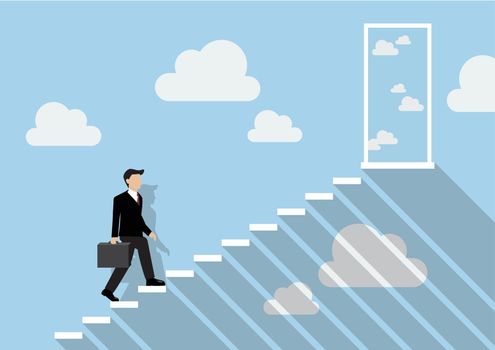 Businessman stepping up a staircase to the real sky. Business Concept