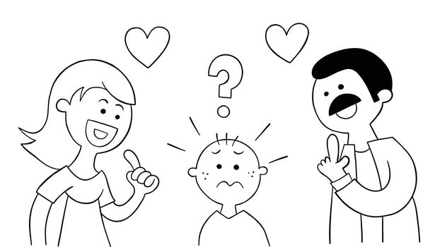 Cartoon mom and dad ask their kid which he likes more and kid is very confused, vector illustration. Black outlined and white colored.