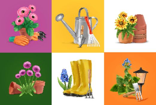 Realistic garden design concept with set of square compositions with flowers in pots waterpot and boots vector illustration