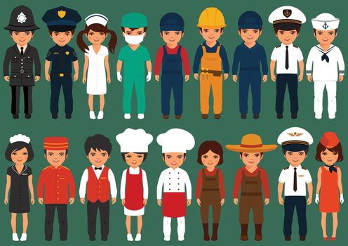 Young kids boys and girls of different professions, vector illustration