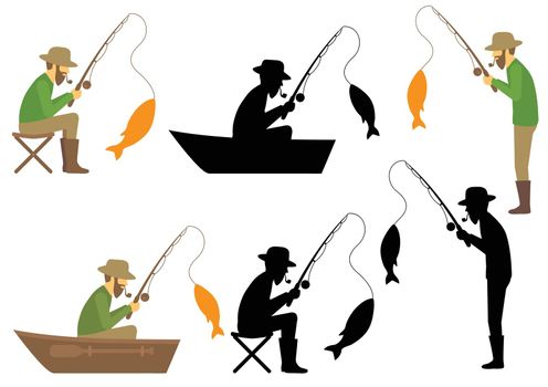 Vector illustration of a silhouette fisherman icon, man cath fish on fishing rod