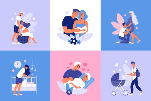 Pregnant motherhood design concept with set of square compositions with characters of loving parents and baby vector illustration