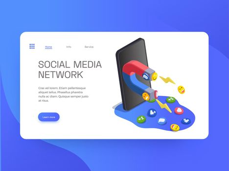 Social network isometric design of web site landing page with images of smartphone magnet and links vector illustration