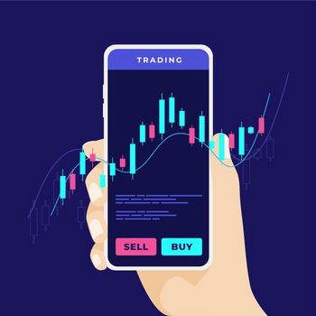 Mobile stock market trading. Man's hand holds a smartphone with trade charts. Forex trading using a mobile phone anywhere.
