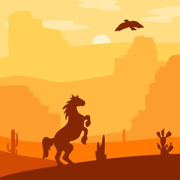 Retro Wild West galloping horse in desert. Vintage sunset in prairie with mustang, cacti and eagle in sky. Grunge old texture. Natural Landscape for print, poster, illustration, sticker. Vector