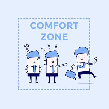 Businessman exit from comfort zone. Cartoon character thin line style vector.