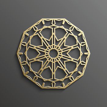 Islamic 3d gold on dark mandala round ornament background architectural muslim texture design . Can be used for brochures invitations,persian