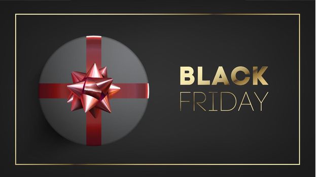 Black friday banner with black giftbox decorated with red ribbon on black