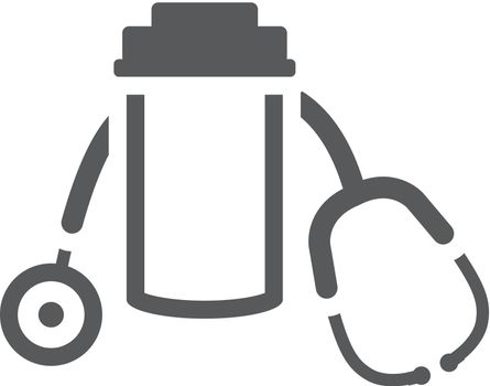 Pills bottle stethoscope icon in single grey color. Vitamin medicine drugs painkiller addiction doctor instrument