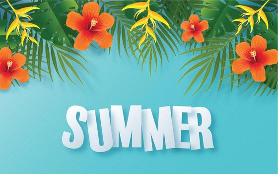 Summer time holiday vector design with beach,colorful tropical flowers heliconia rostrata,fruit,sea,nature,summer drink,under the sea,coral,flamingo,sun,sand,cocktail, paper cut style on background.

