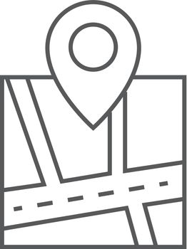 Road map icon with pin location in thin outline style.