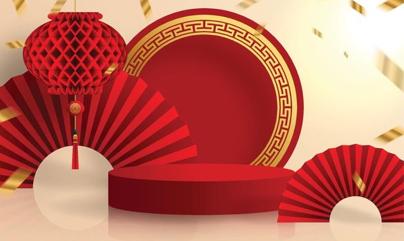 Podium round stage podium and paper art Chinese new year,Chinese Festivals, Mid Autumn Festival , red paper cut ,flower and asian elements with craft style on background.