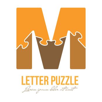 Letter M is made up of puzzles. Vector illustration for logo, brand logo, sticker or scrapbooking, for education. Simple style.
