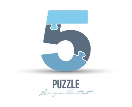 Number 5 is made up of puzzles. Vector illustration for logo, brand logo, sticker or scrapbooking, for education. Simple style.