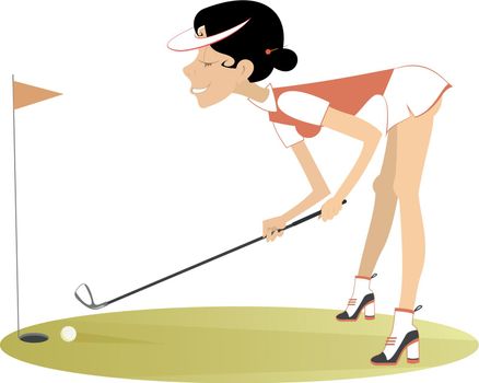 Pretty golfer woman with a golf club tries to do a good kick isolated on white