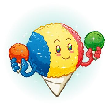 A cheerful smiling snow cone cartoon with raspberry, lime and cherry flavoring holding lime and orange flavored ice treats
