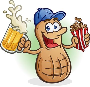 A roasted peanut cartoon at the big game eating peanuts and drinking a cold frothy beer