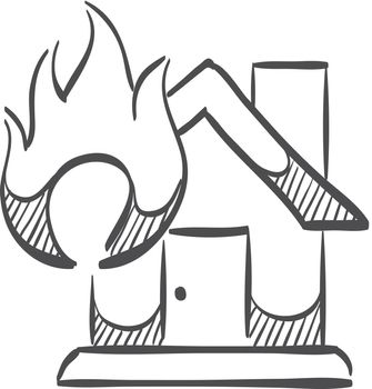 House fire icon in doodle sketch lines. Nature disaster sabotage accident insurance risk claim