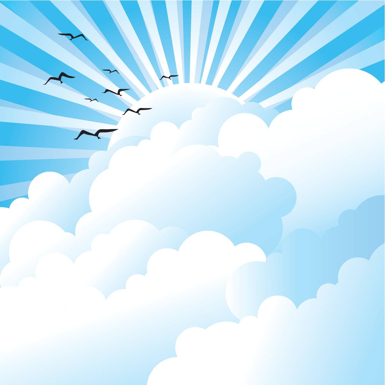 Vector illustration of a beautiful sunny sky with rays, clouds and birds