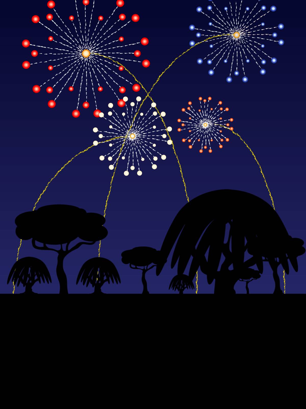 Fourth of July scene with fireworks, trees and horizon silhouette
