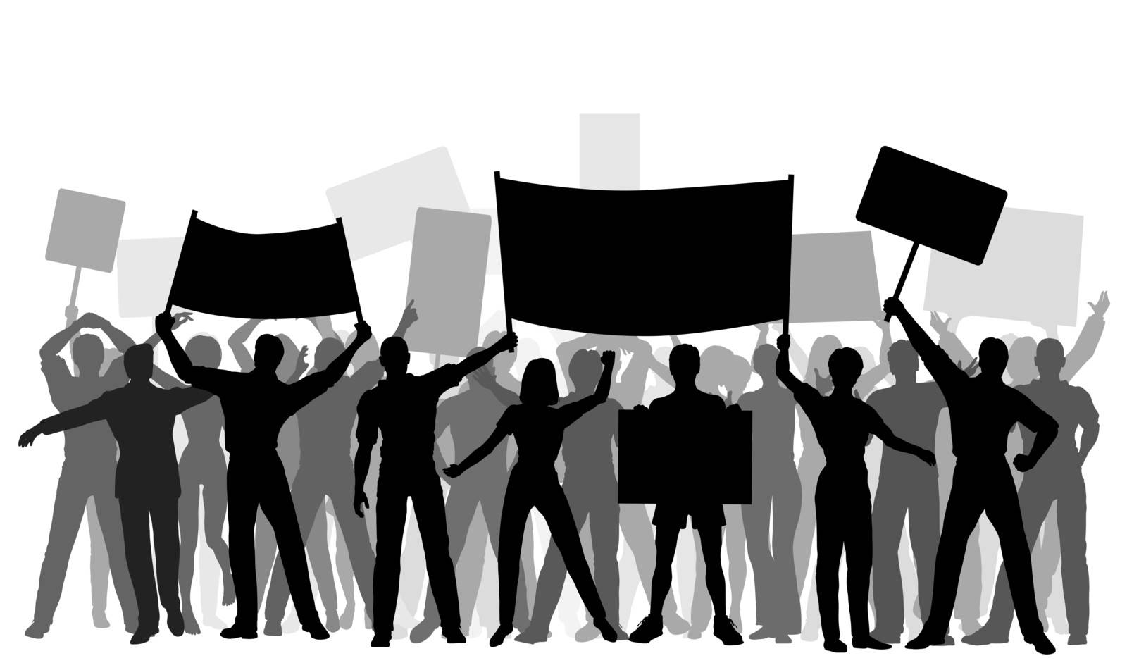 Editable vector silhouettes of protesters and banners with all elements as separate objects. Hi-res jpeg file included.
