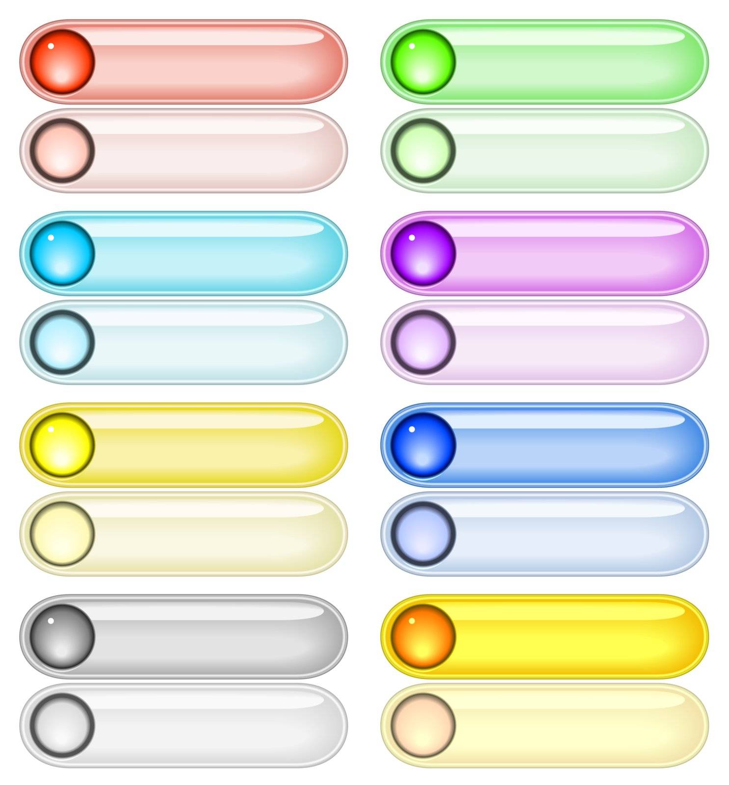 Set of editable vector web buttons in pairs of bright and pale colors for on and off