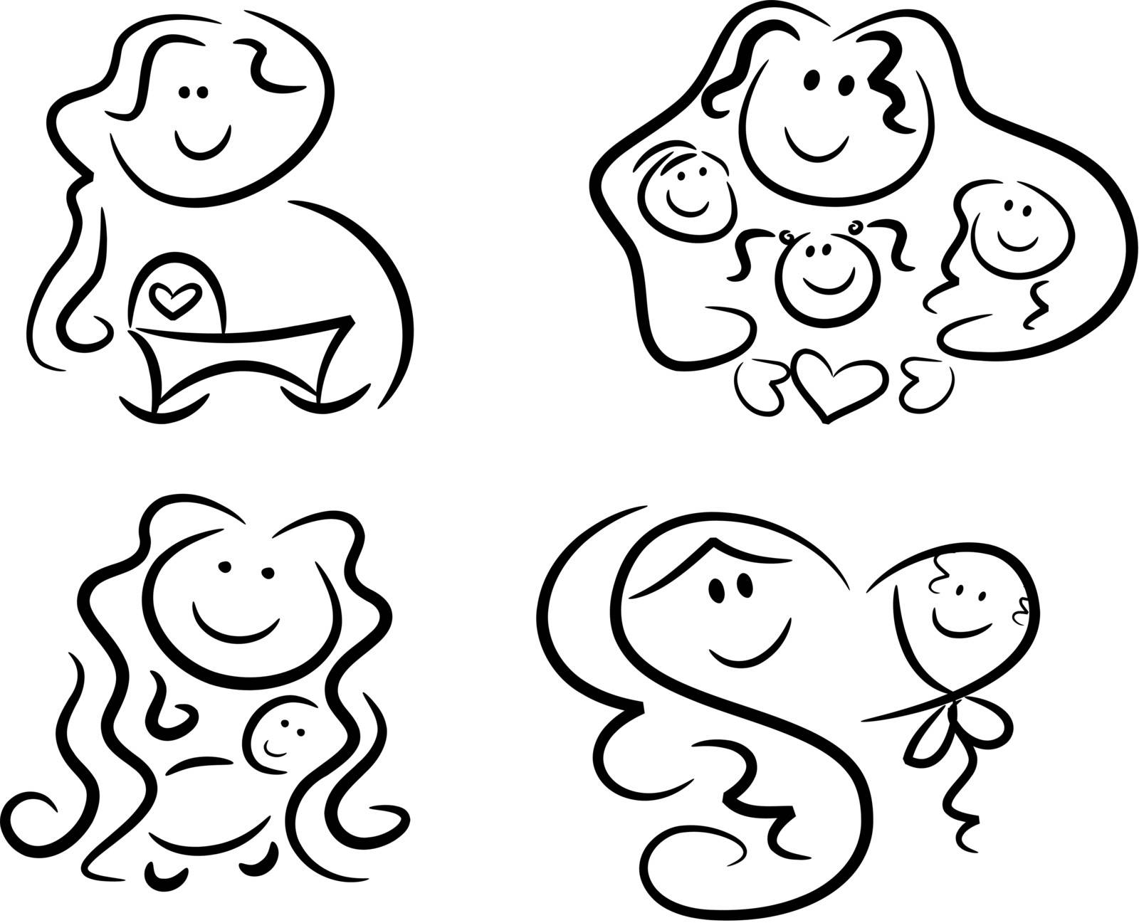 Collection of four black-and-white icons representing motherly love: Pregnant mom looking forward to her baby's birth, mom and kids, mom and baby