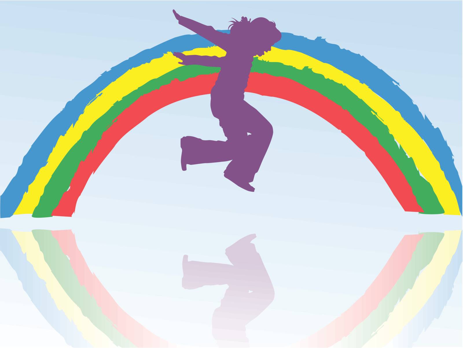 cheerful child jumps against the rainbow background