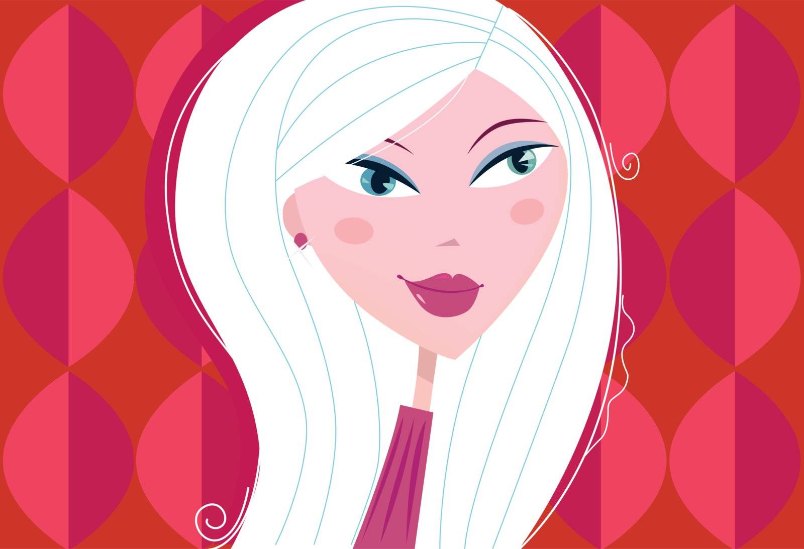 Young woman with make-up on red stylized background in retro style. Vector Illustration.