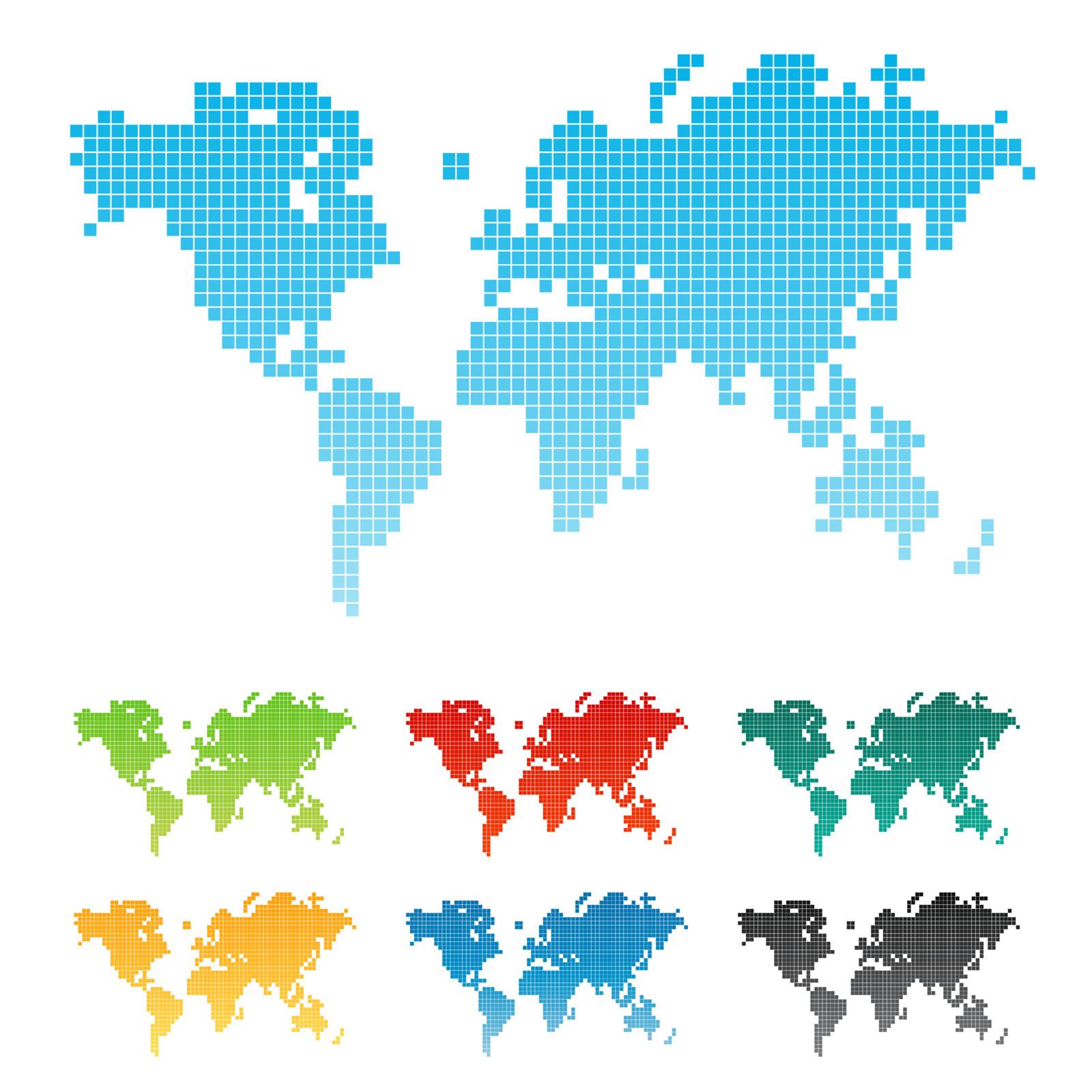 Vector illustration of a world map made of squares pixels. Seven different color variations. Isolated.