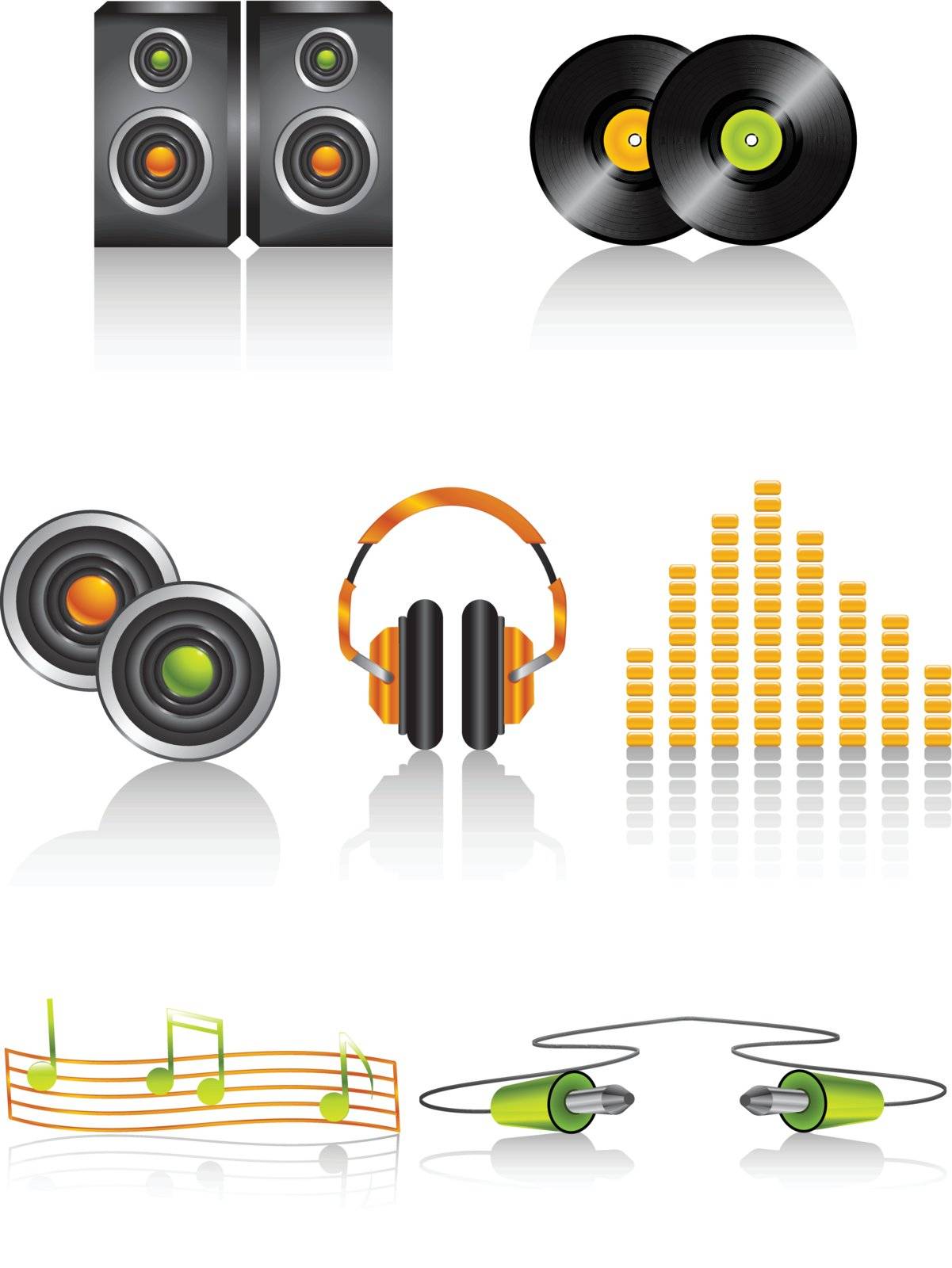 Music icons of speakers, vinyl discs, headphones, equalizer, music notes and jacks