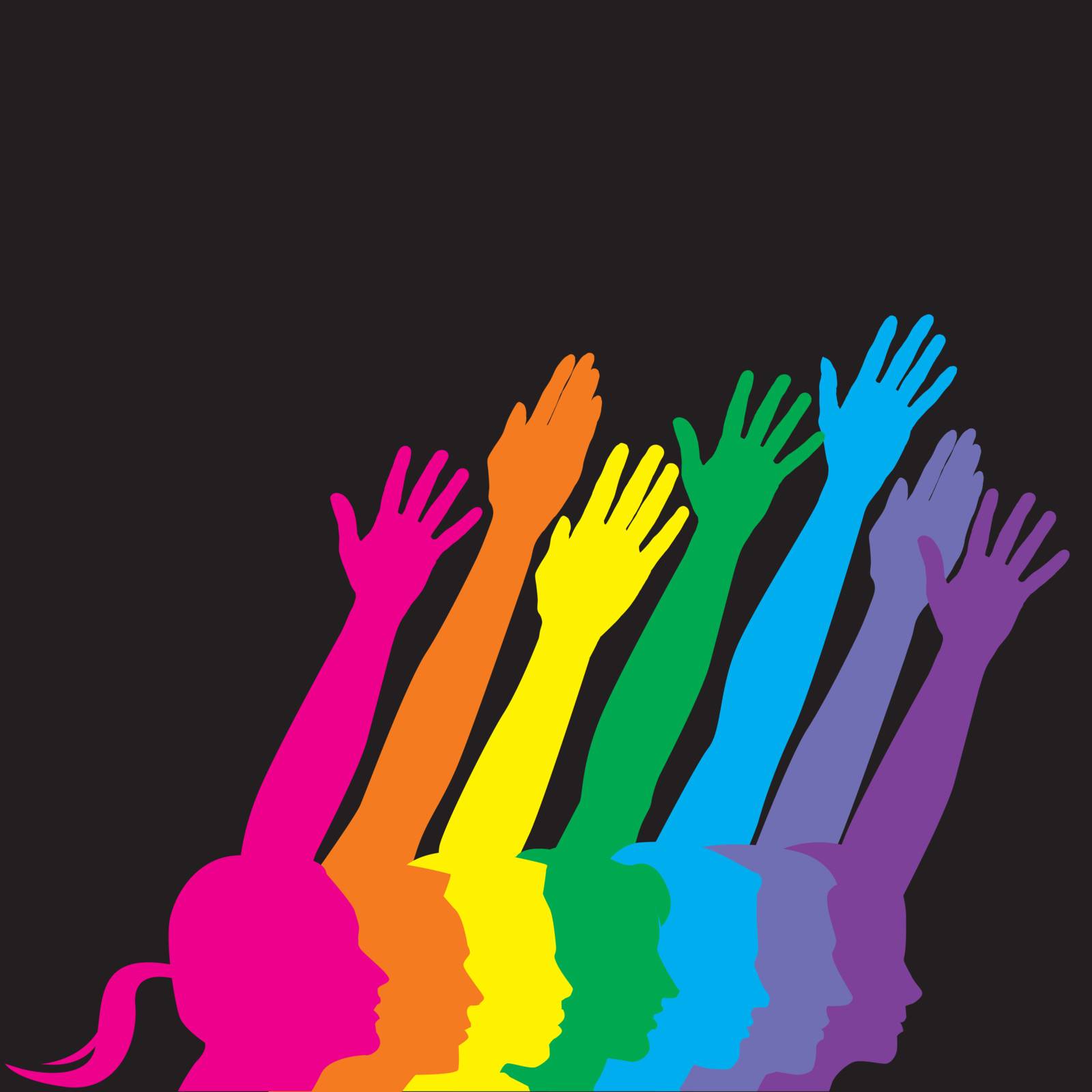 A vector illustration of various men and men and women holding their hands up to symbolize human diversity, isolated on a black background with additional space for text