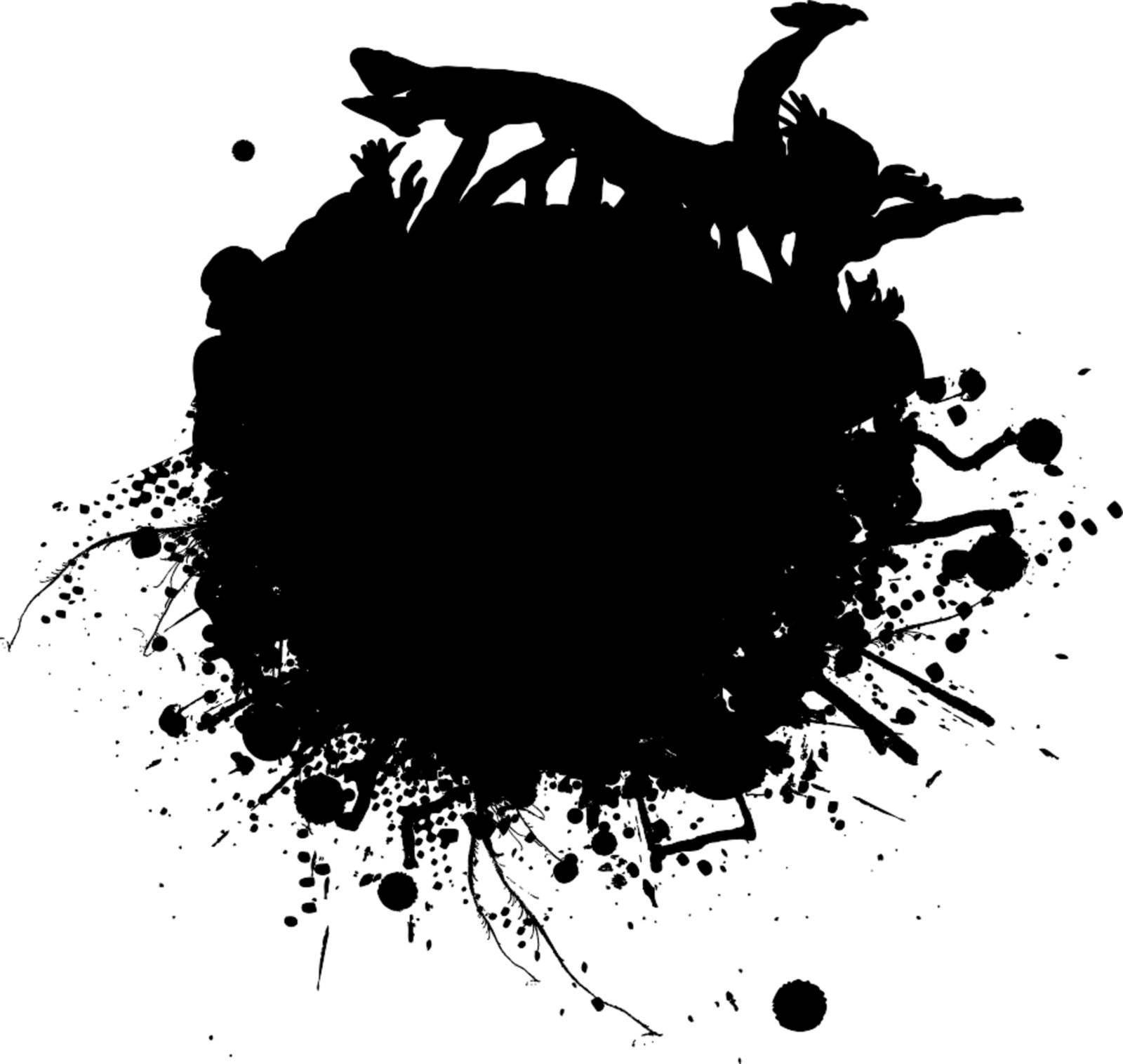 Ink splat with people crowd surfing in black and white