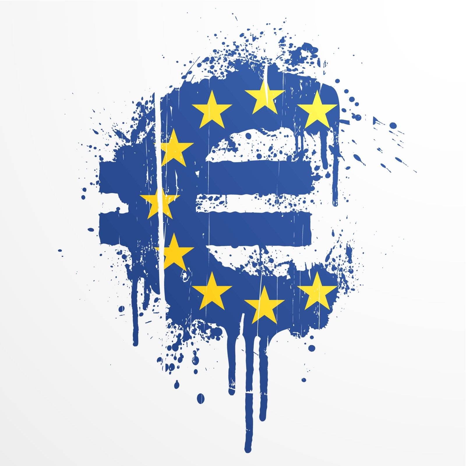 Vector illustration of a conceptual ink splatter in the shape of the European Union Euro currency symbol.
