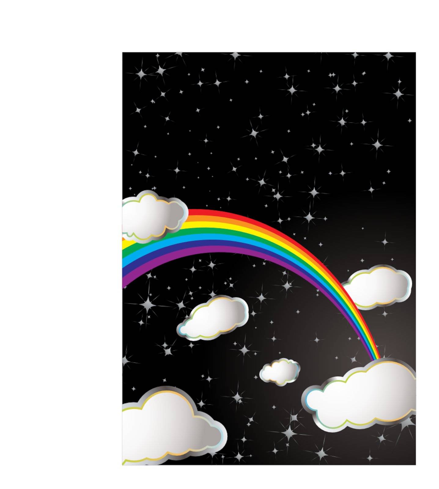 Rainbow in space with sparkling stars and fluffy clouds