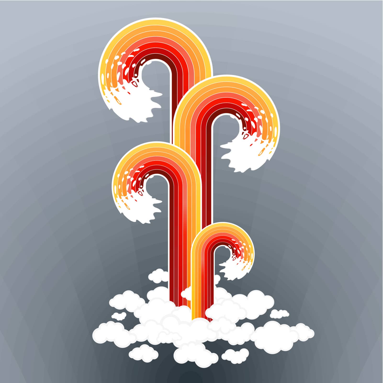 Vector illustration of four splashy lined art design elements exploding from a group of clouds.
