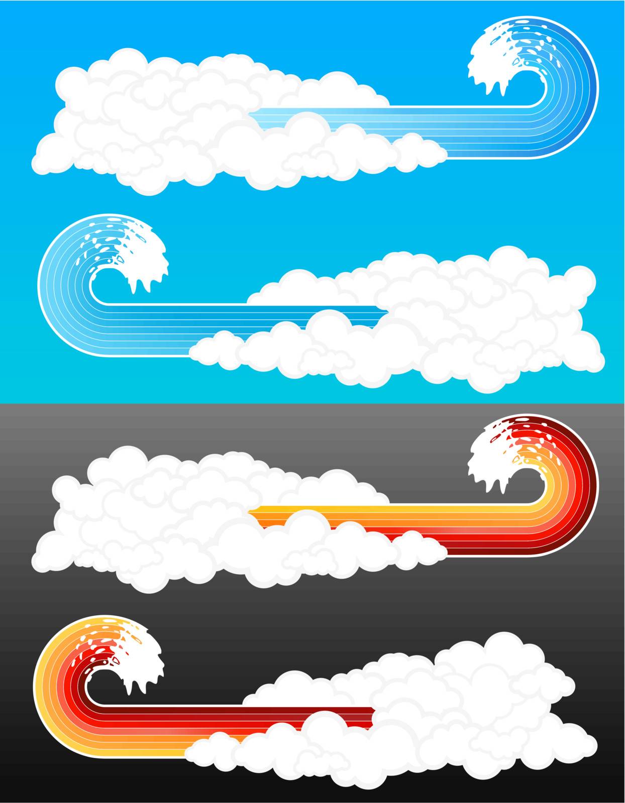 Vector illustration of cool lined splash wave graphic elements coming from a retro cloudscape. Two color variations.
