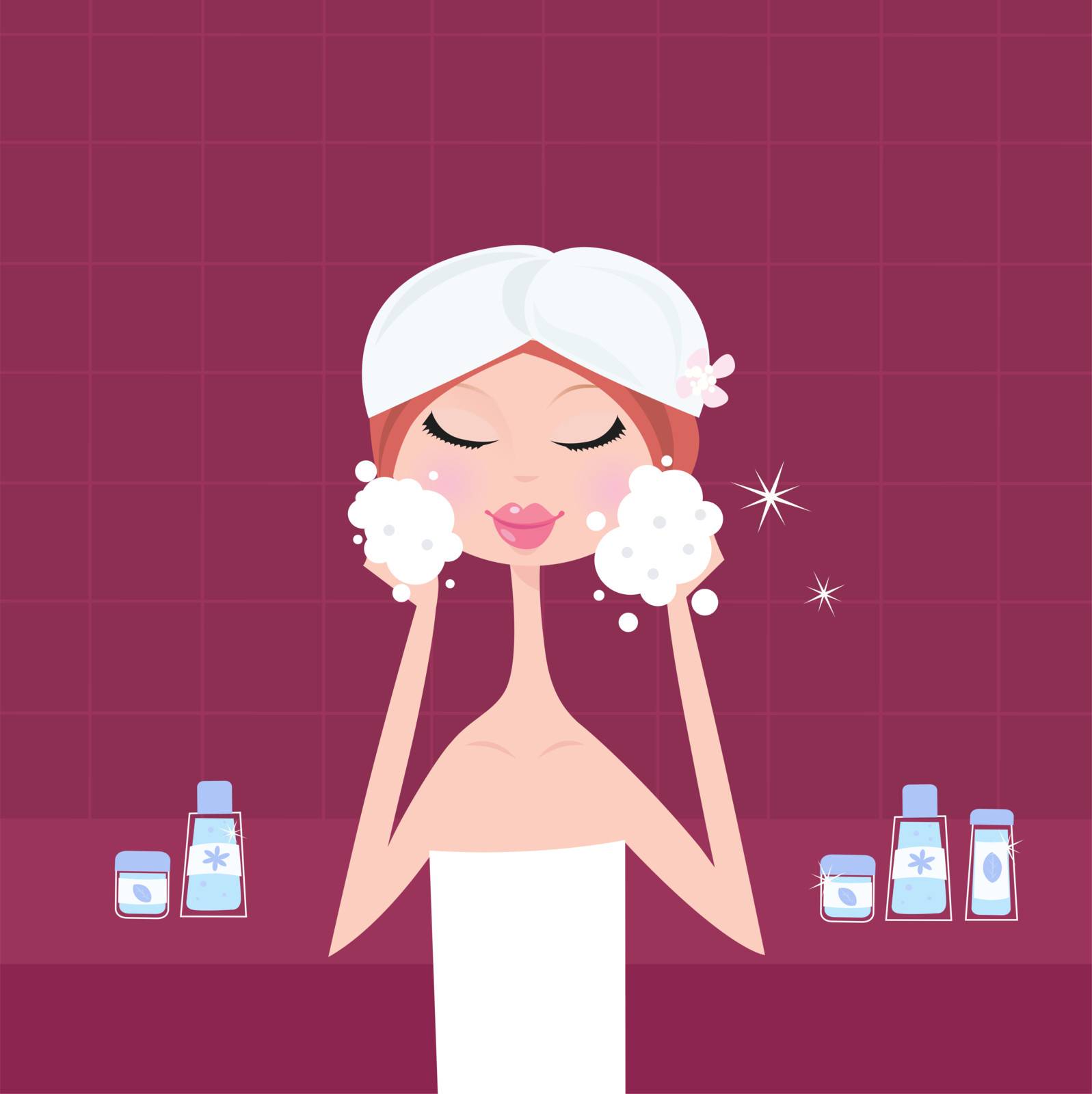 Young woman applying facial peeling mask on her face. Beauty treatment and relaxation. Vector Illustration.
