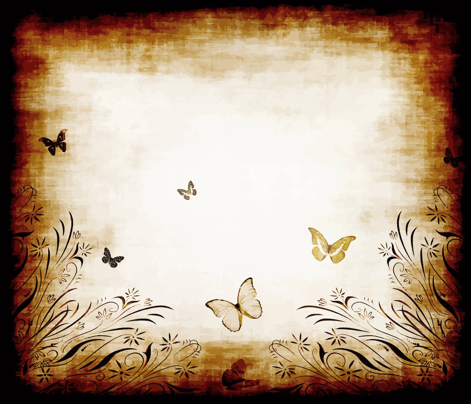 nice floral grunge illustration with butterflies on old parchment