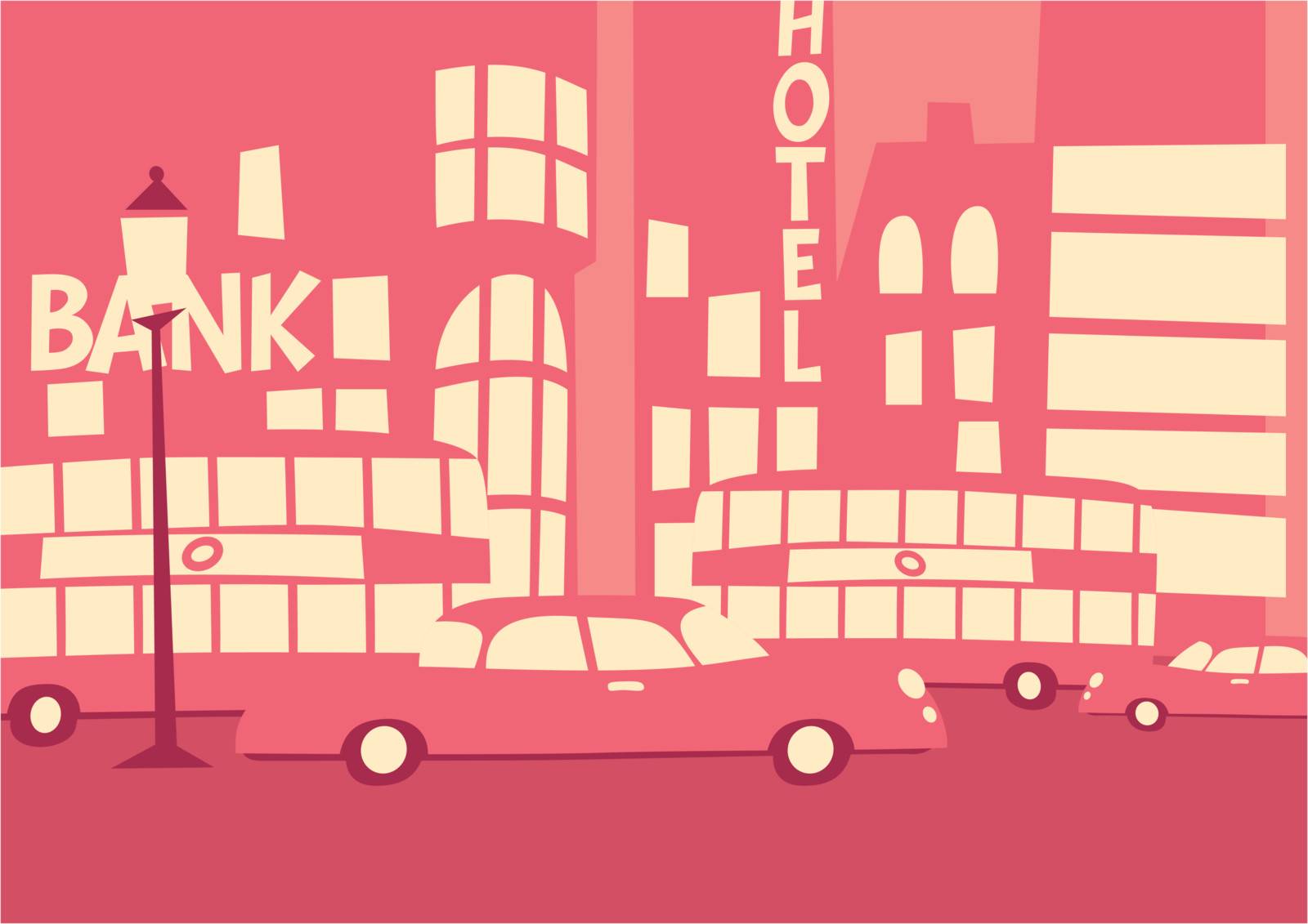 Vector drawing of the traffic in a big pink city. 
