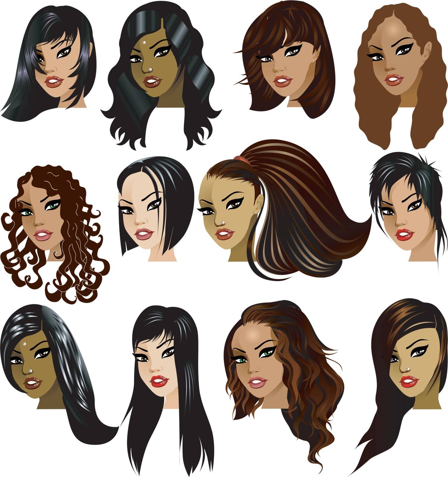 Vector Illustration of Indian, Asian, Oriental, Middle Eastern and Hispanic Women Faces. Great for avatars, makeup, skin tones or hair styles of dark haired women.