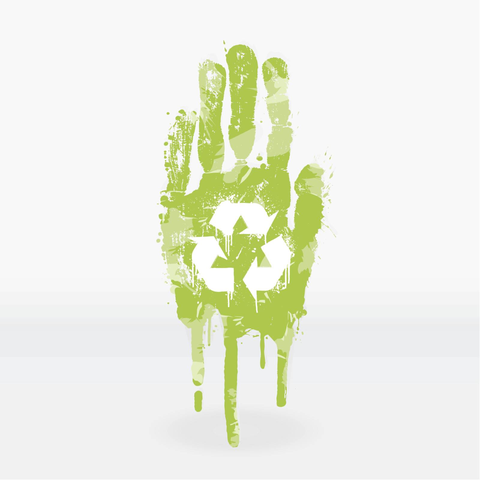 Vector illustration of an ecological concept with a hand splatter with paint drops. Recycling symbol on the palm.