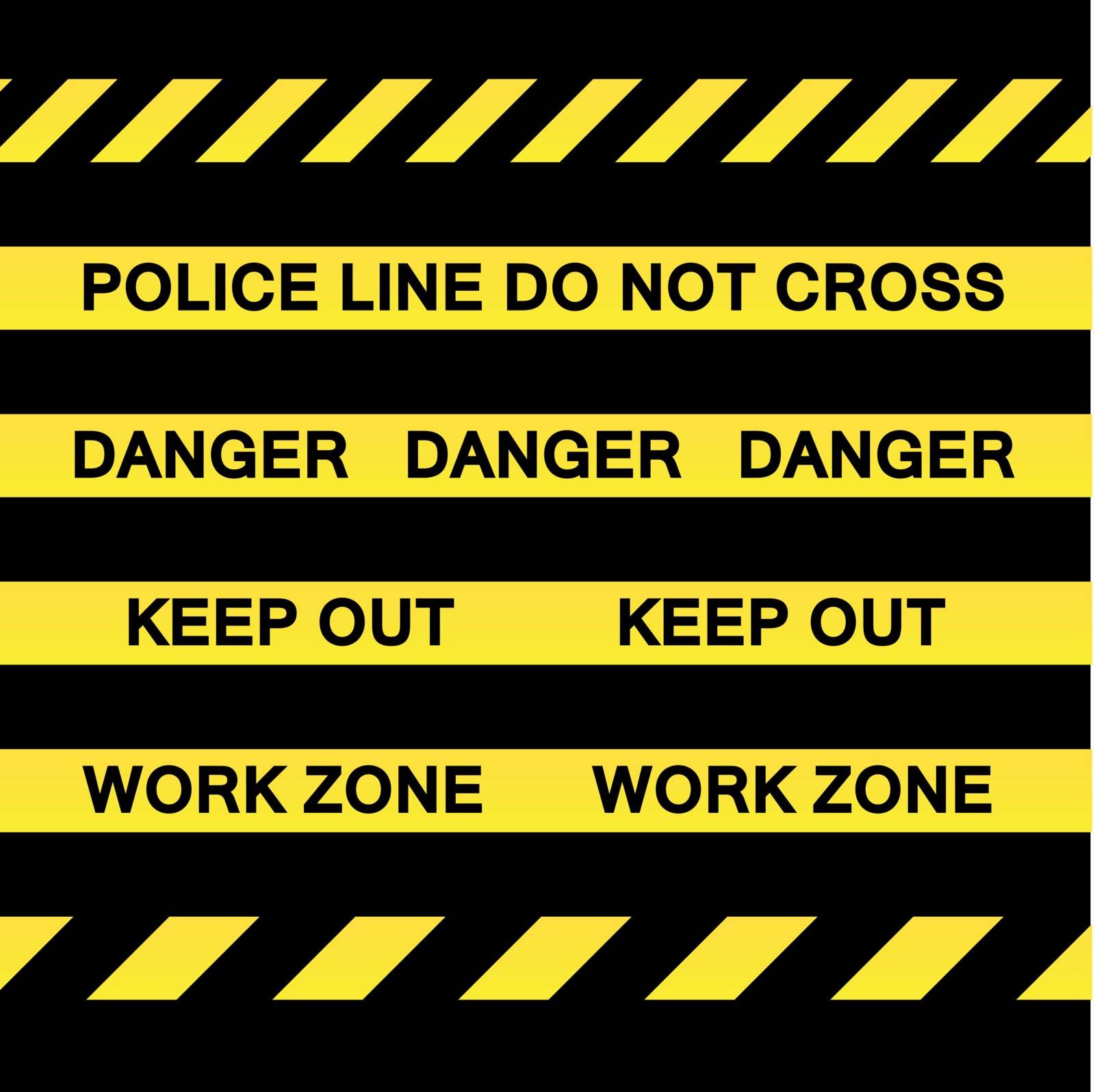 A variety of yellow caution tapes in vector format for construction and crime scene investigation concepts.