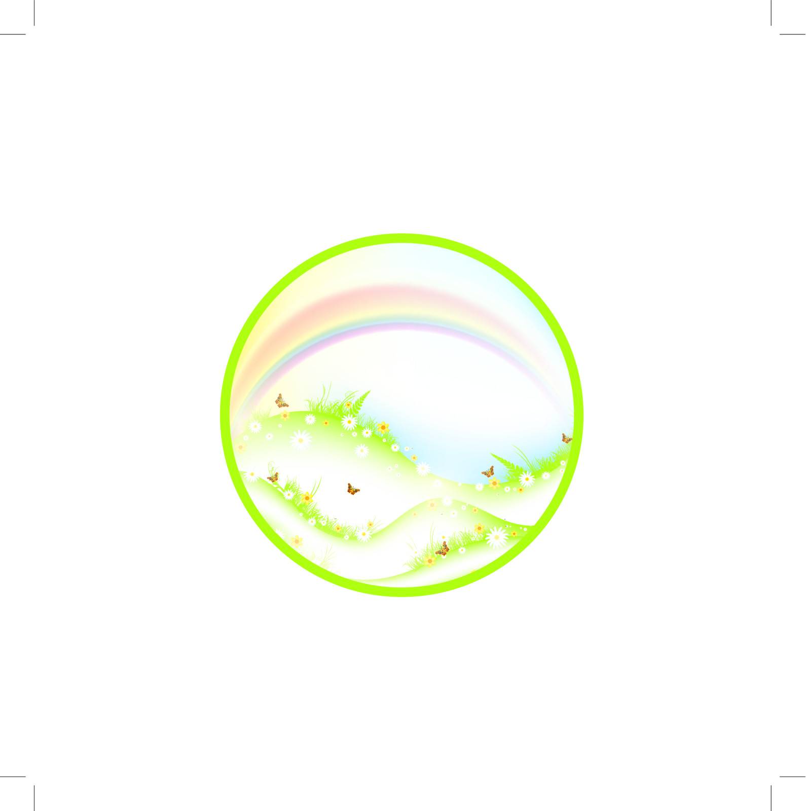 Summer or spring theme with meadow, rainbow and butterflies in round shape, EPS10 