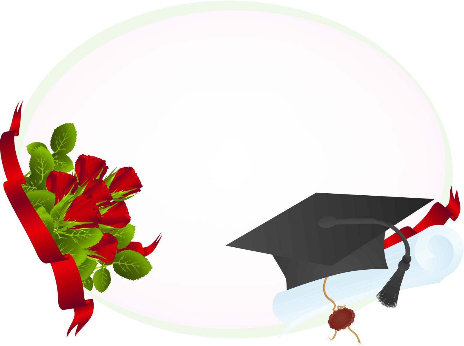 Education theme: frame with roses, graduate hat and diploma, copyspace 