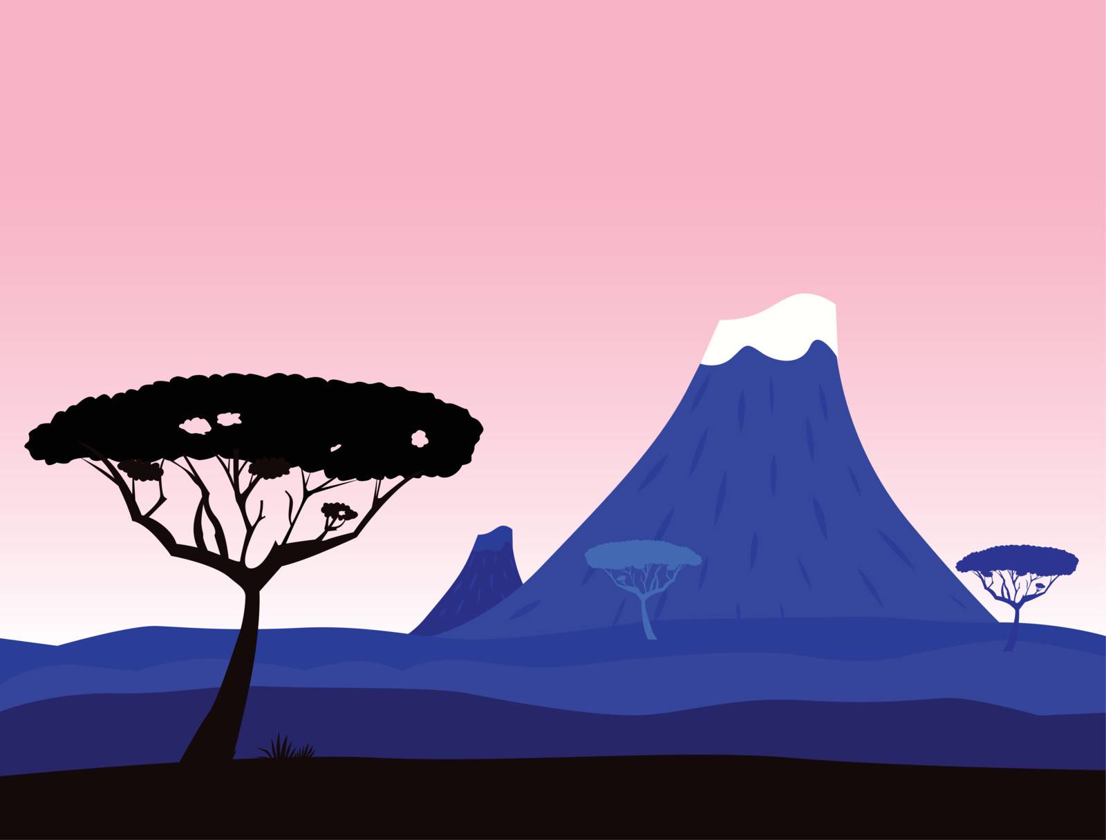 Dark blue african background. Volcano crater, trees silhouette and pink tranquil sky behind